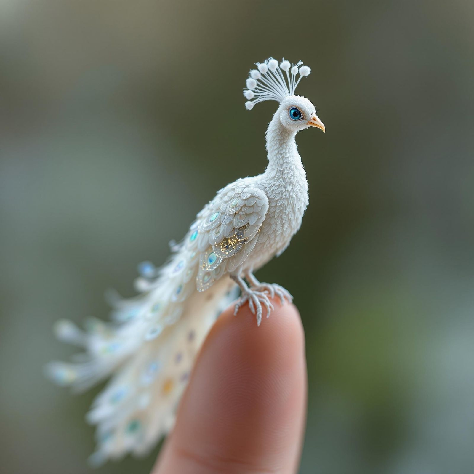 Hyperrealistic Miniature Peacock on Finger