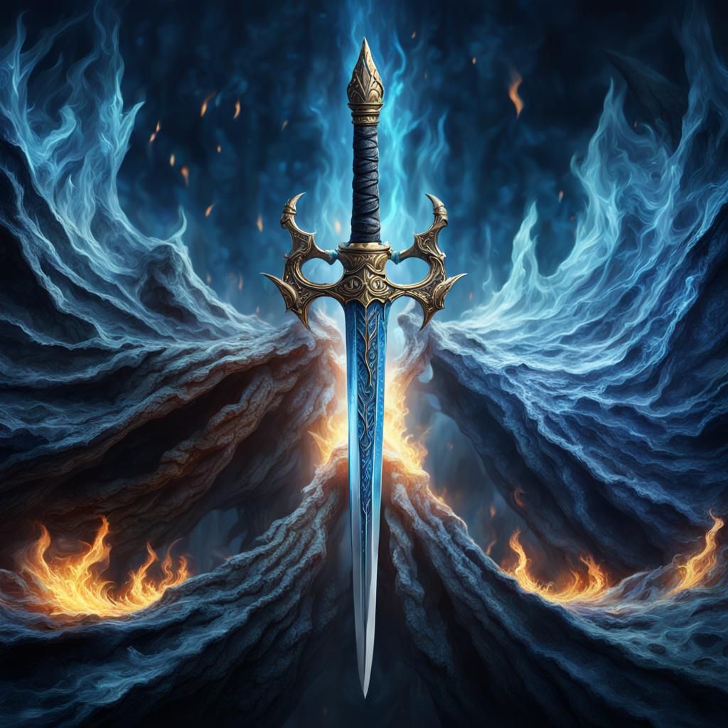 Dagger Pierces Crown in Blue Flame, Digital Art