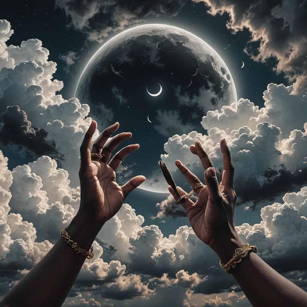 Hands Reaching in Moonlit Sky: Neo-Romantic Digital Art