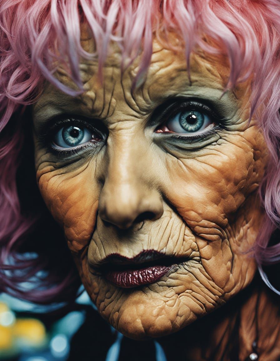 Surreal Portrait of an Older Woman, Vibrant Oil Painting