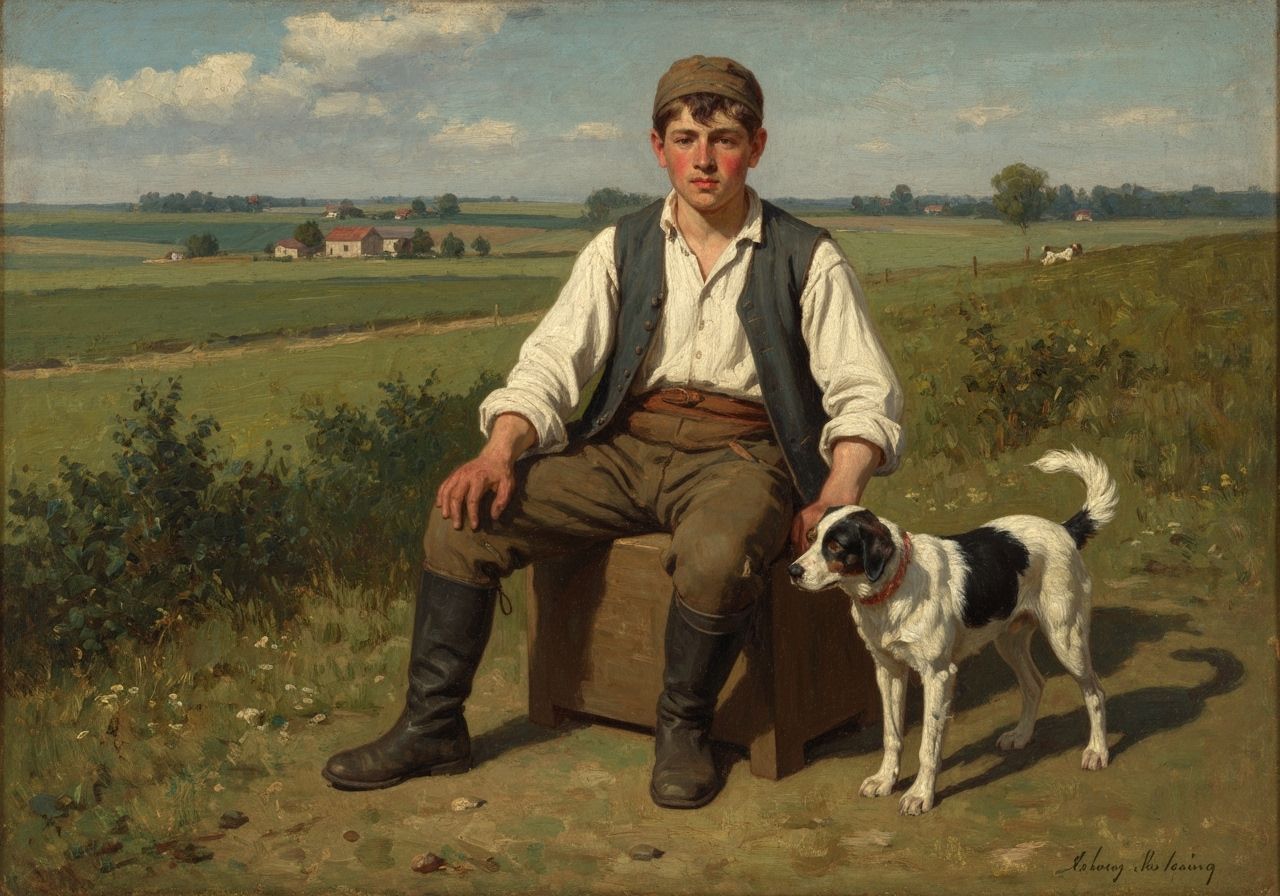 Neo-Impressionist Painting of Peasant with Dog