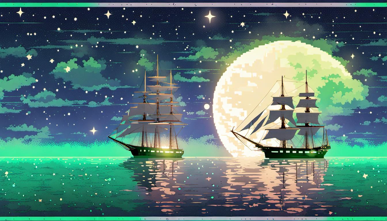 Retro Pixelated Brigantines Under Moonlight