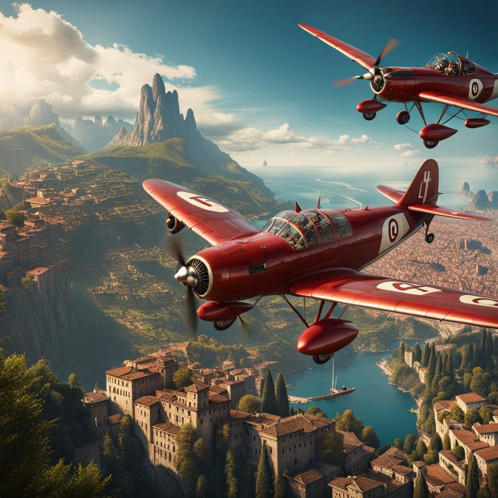 Vintage Airplane Soaring Over Italy: Detailed Matte Painting