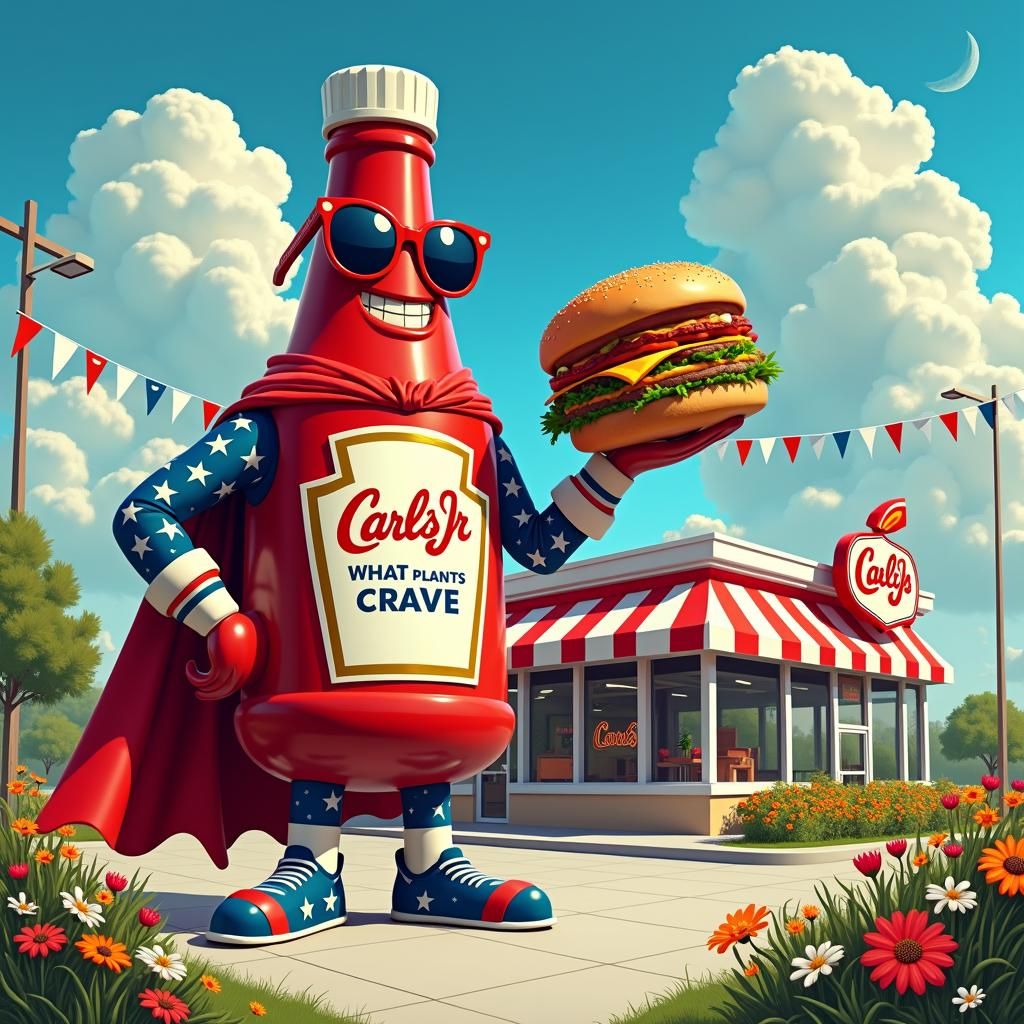 Patriotic Ketchup Mascot Promotes Burgers in Art Deco Style