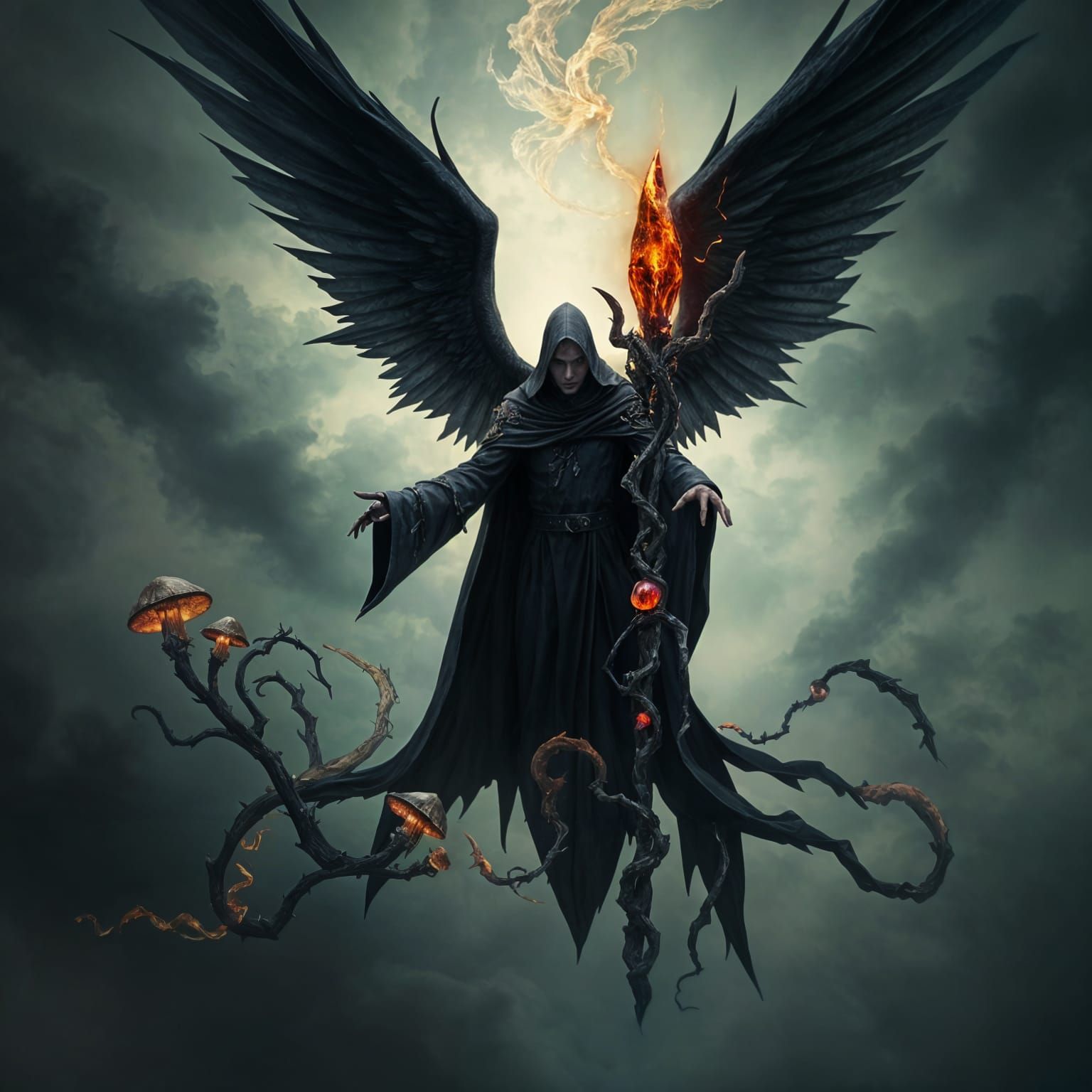 Evil Wizard Soaring with Dark Magic and Staff