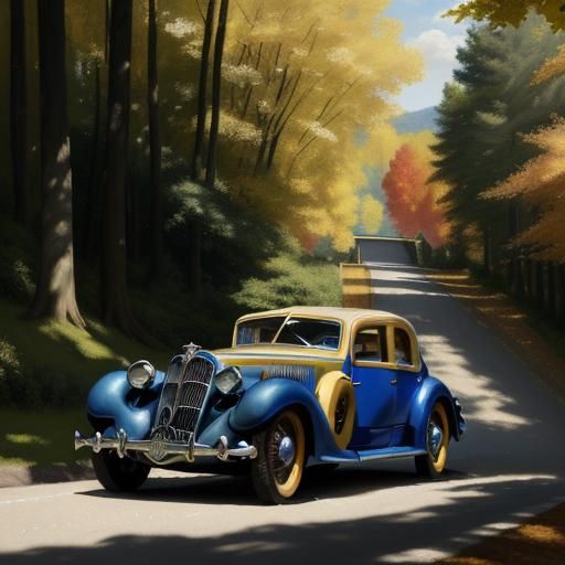 Vintage Cars Chase on Forest Highway as Impressionist Art