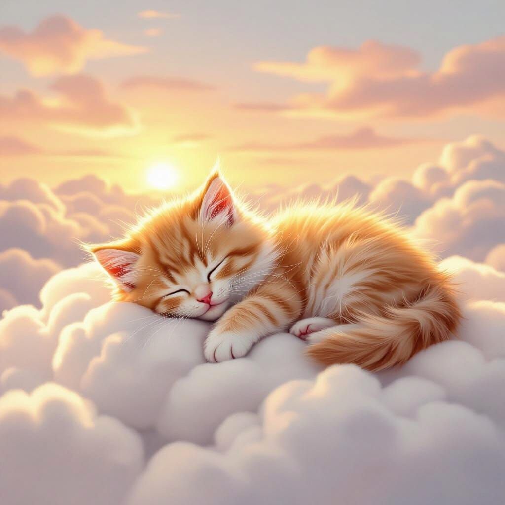 Adorable Sleeping Kitten on Cloud in Sunrise Glow