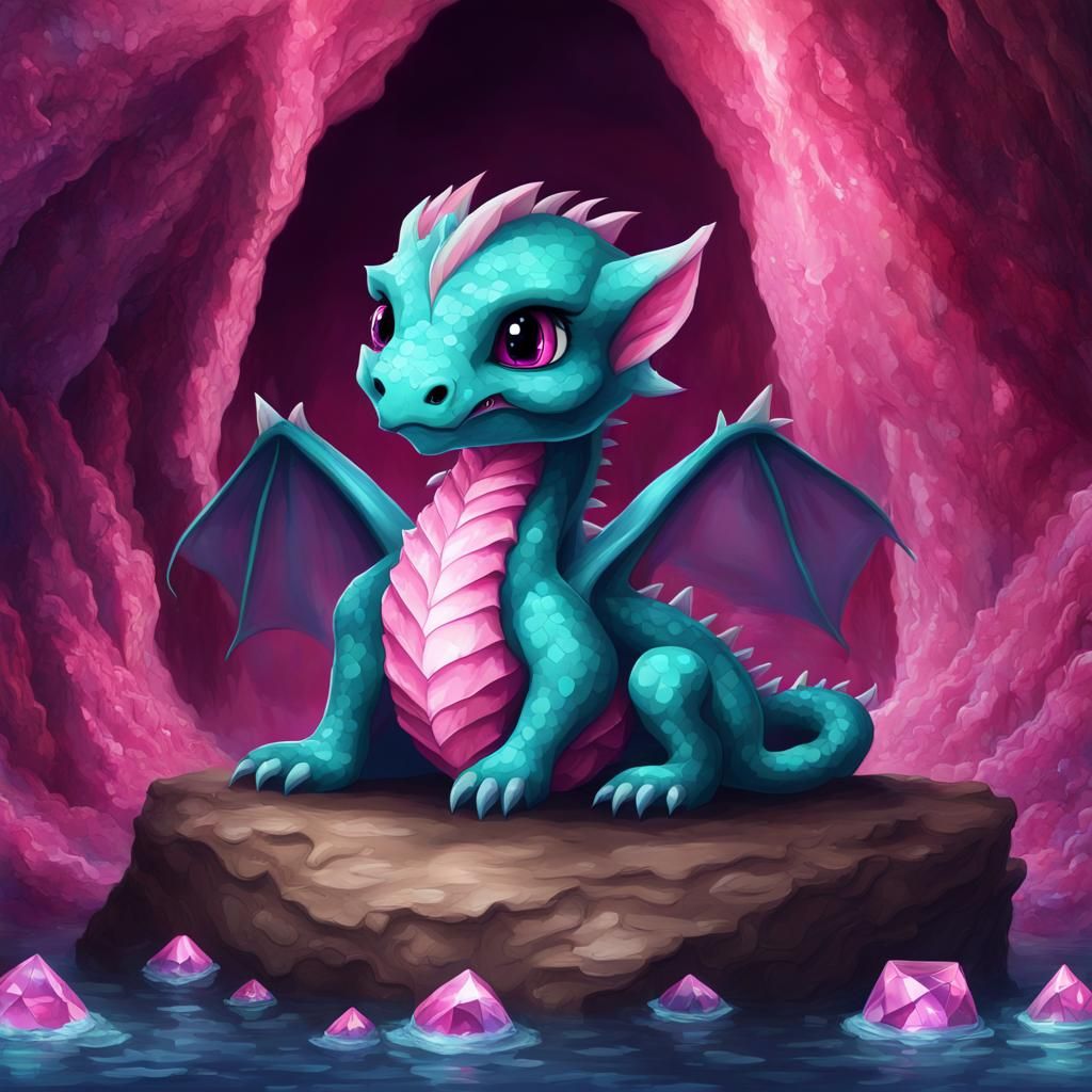 Cute Baby Dragon in Underwater Crystal Cave