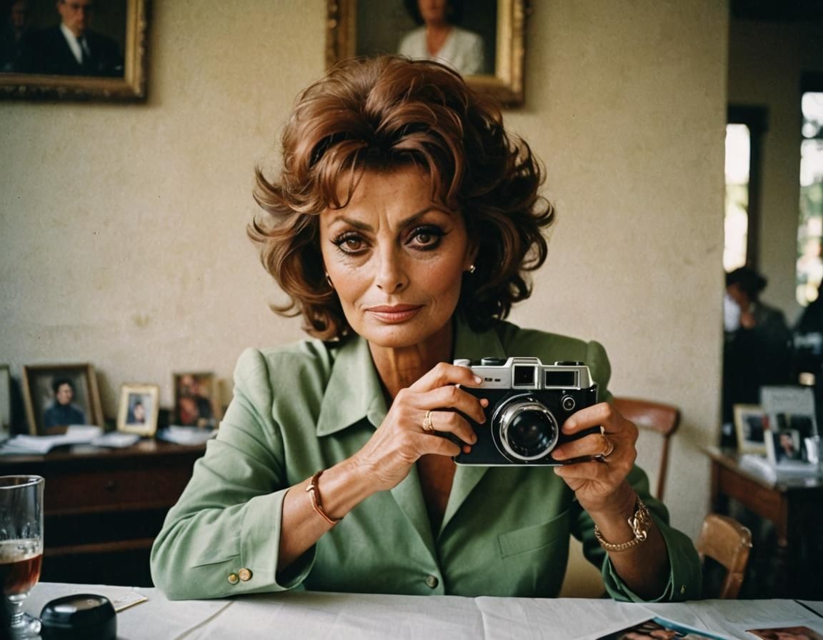 Sophia Loren Candid Photo with Polaroid Camera