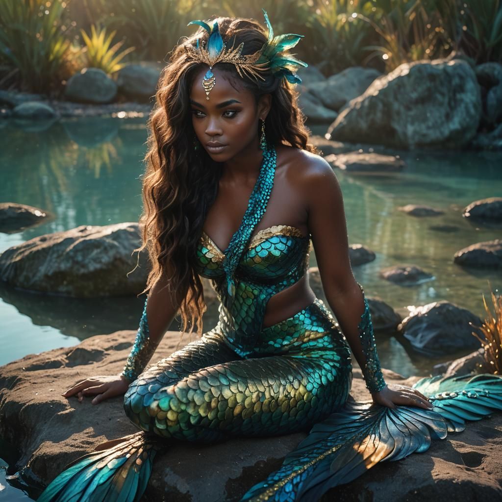 Peacock Mermaid in Lagoon: Cinematic Film Still