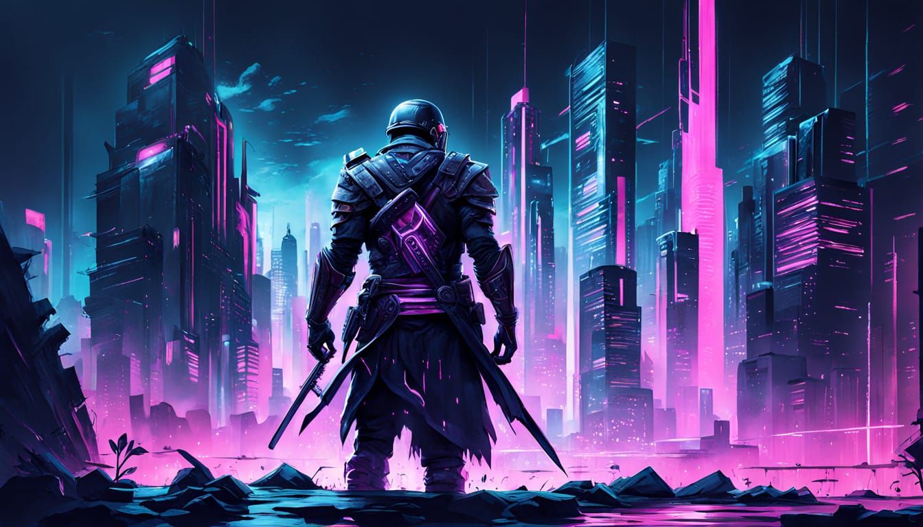 Cyberpunk Warrior Overlooking Neon Metropolis