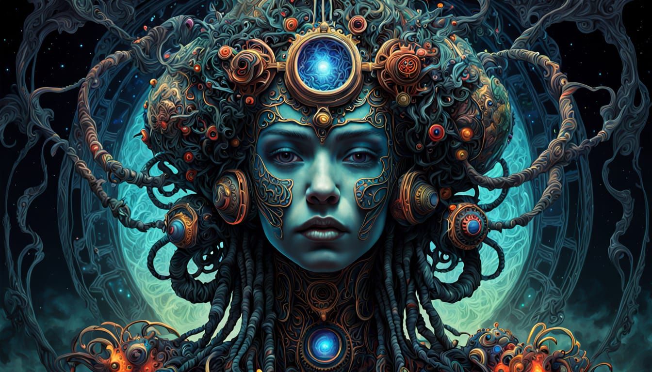 Cybernetic Woman Emerging from Mist in Digital Art