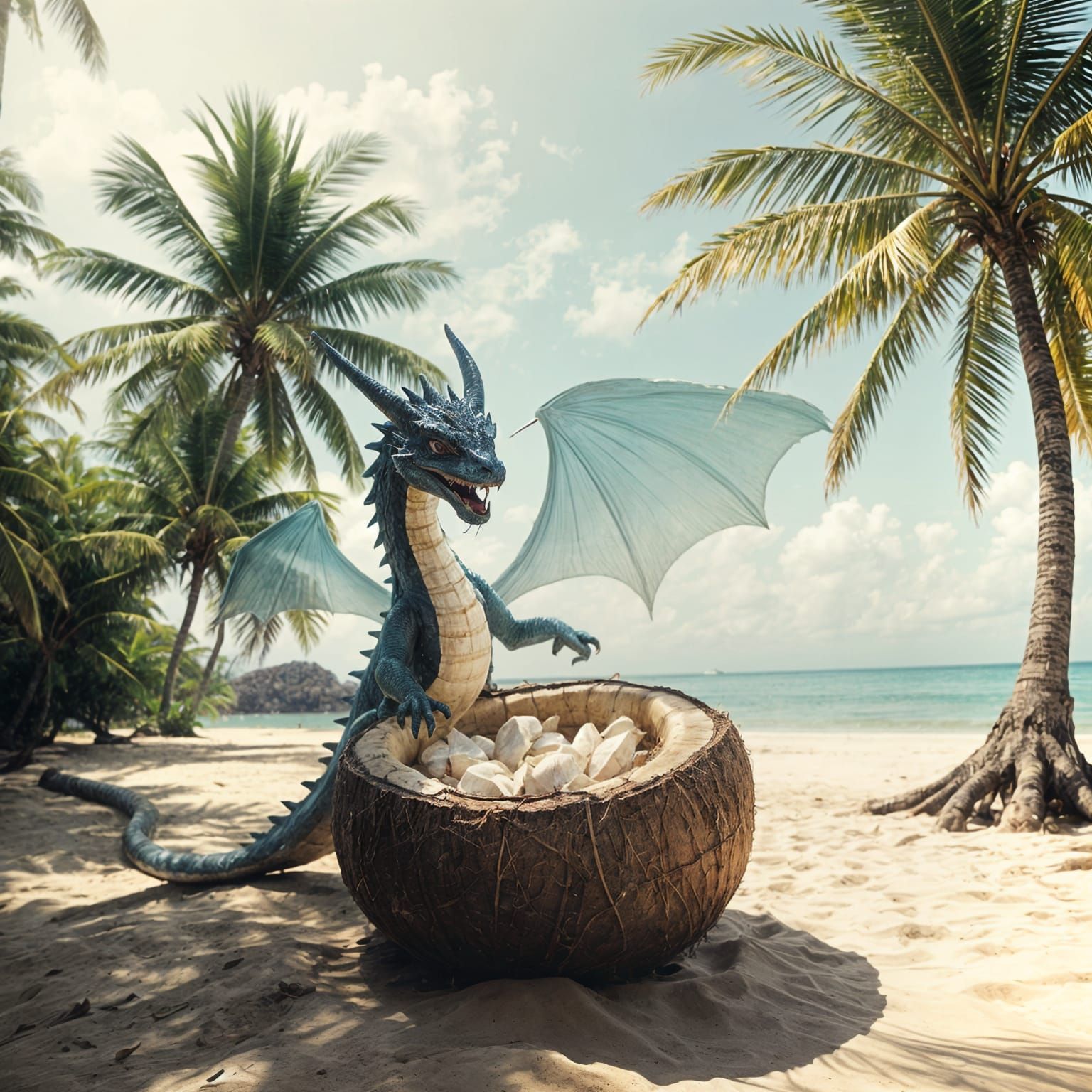 Surreal Coconut Dragon Guards Treasure in Ethereal Beach Sce...