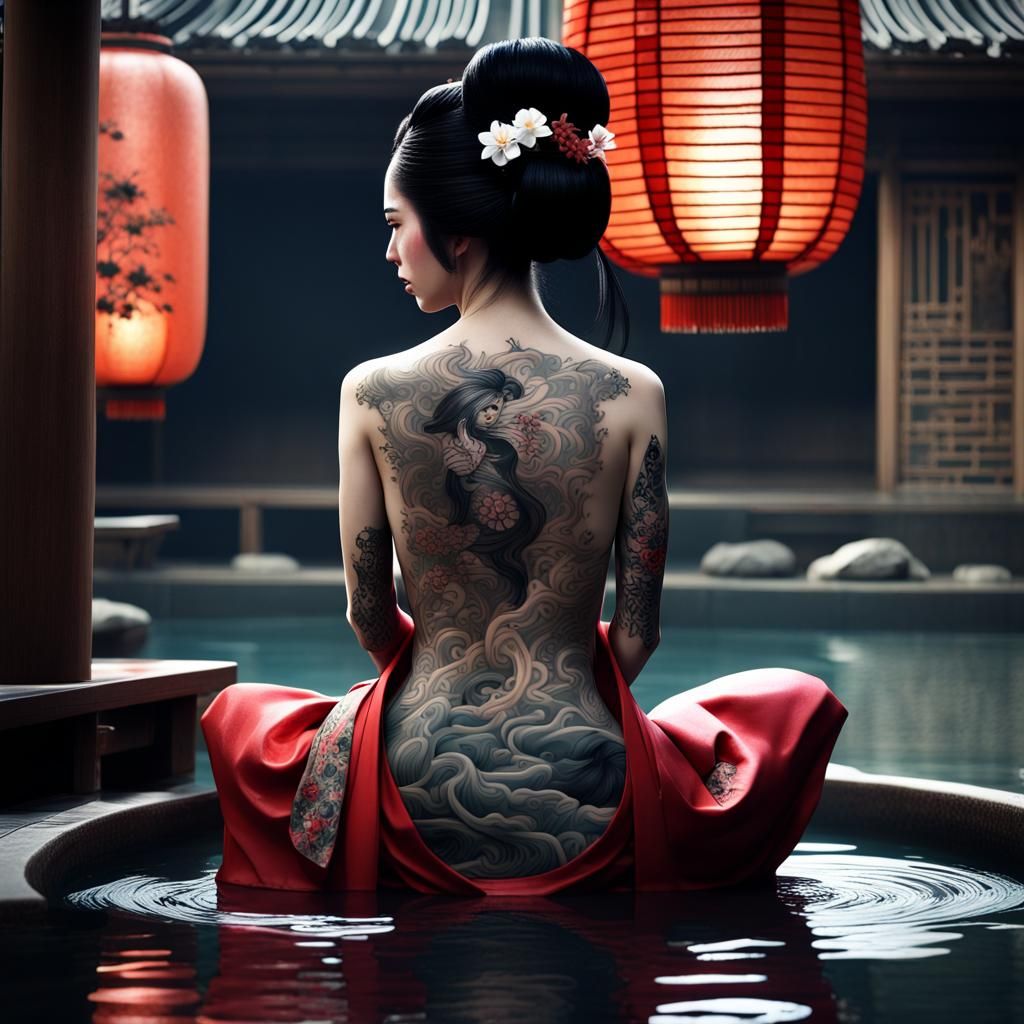 Gothic Geisha with Japanese Tattoo in Onsen