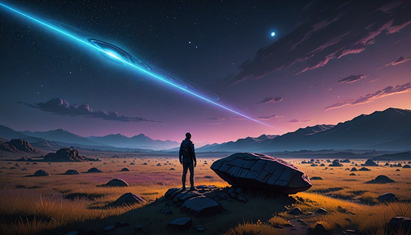 Lone Observer Contemplates a Glowing UFO in a Starry Night S...