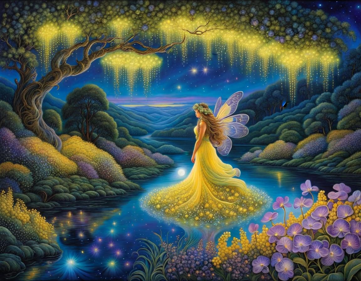 Noctilucent Fairycore Landscape with Floating Lights