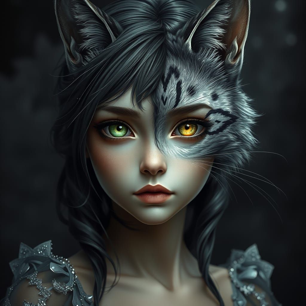 Girl Transforms into a Mystical Cat in Dark, Whimsical Setti...