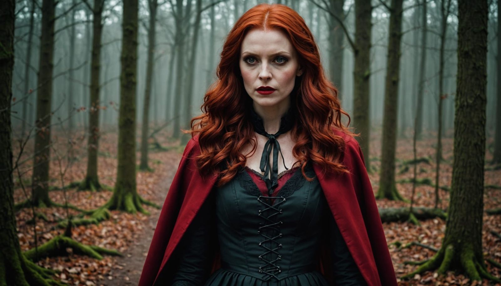 Elegant Vampire Woman in Red Coat in Dark Woodlands