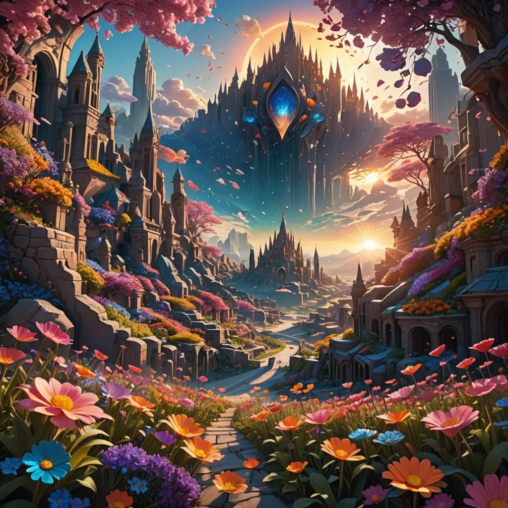 Fantasy Sunrise Scene with Delicate Flowers in 3D