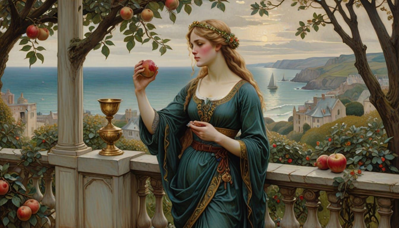 Art Nouveau Aphrodite Picking Apple on Terrace