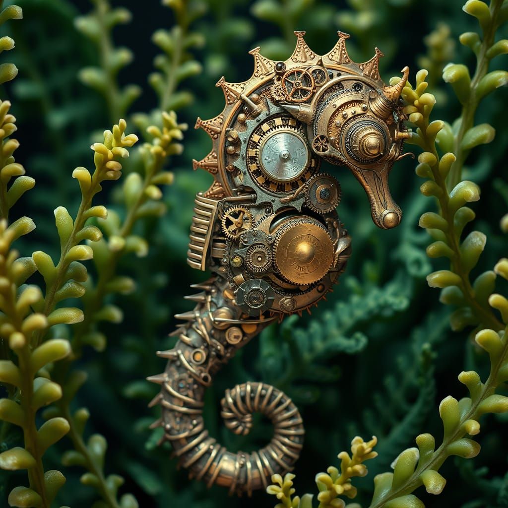 Steampunk Seahorse Swimming in Seaweed