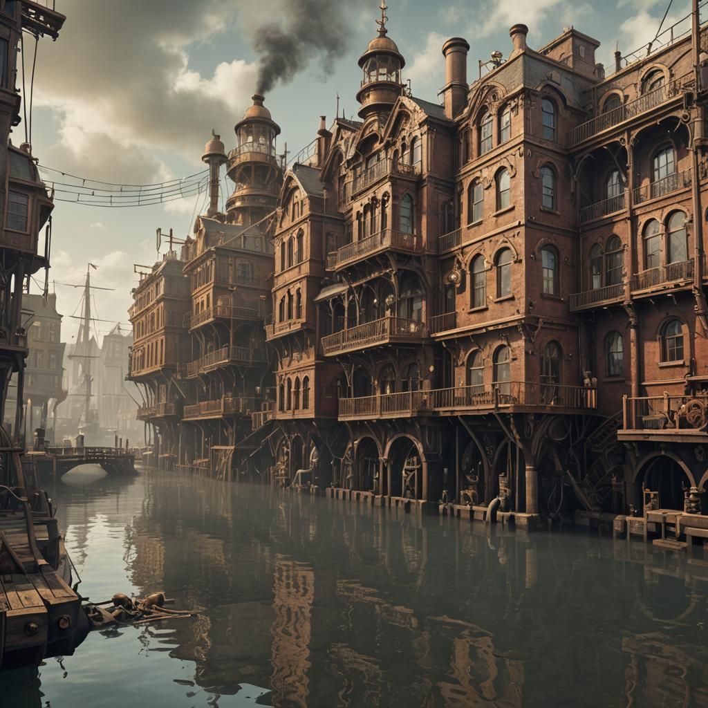 Victorian Steampunk Port City at Water Level