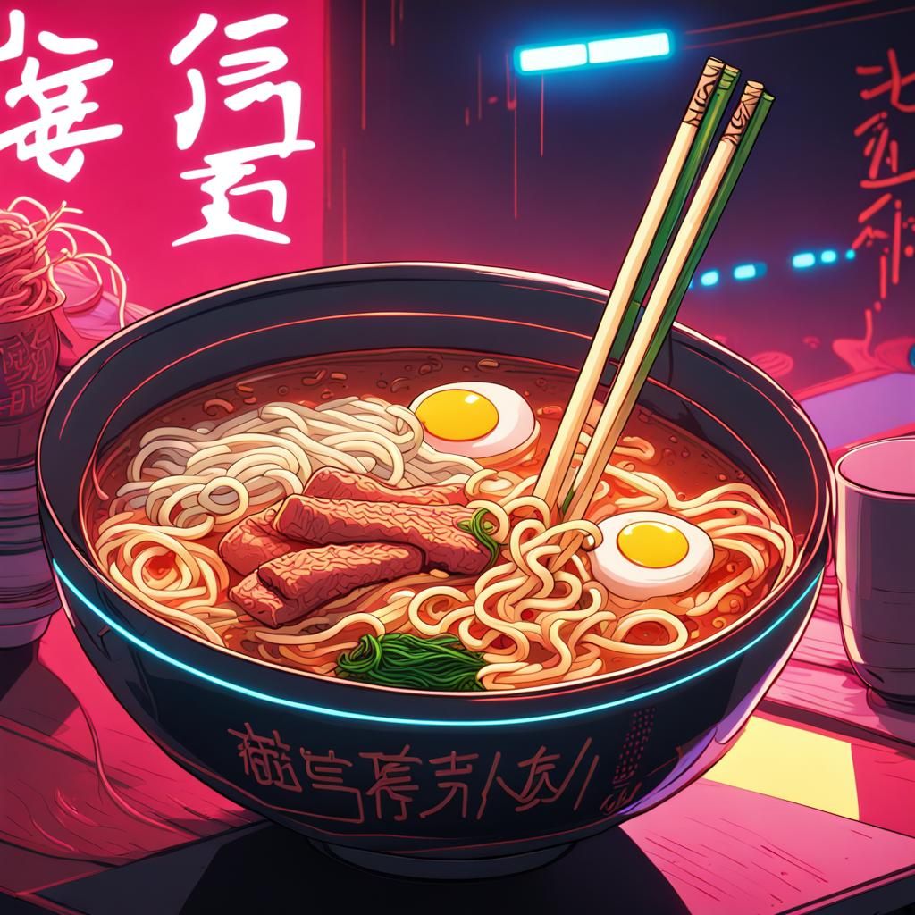 Cyberpunk Ramen Bowl in Neon Cityscape
