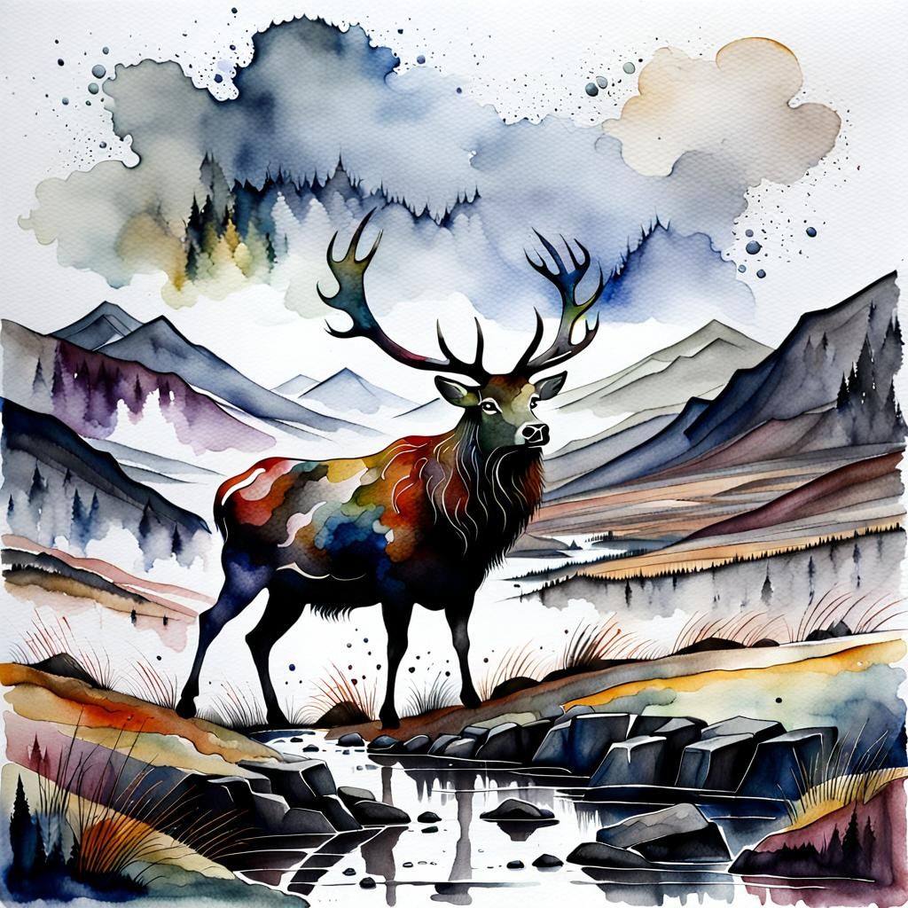 Surreal Scottish Highland Landscape in Watercolor