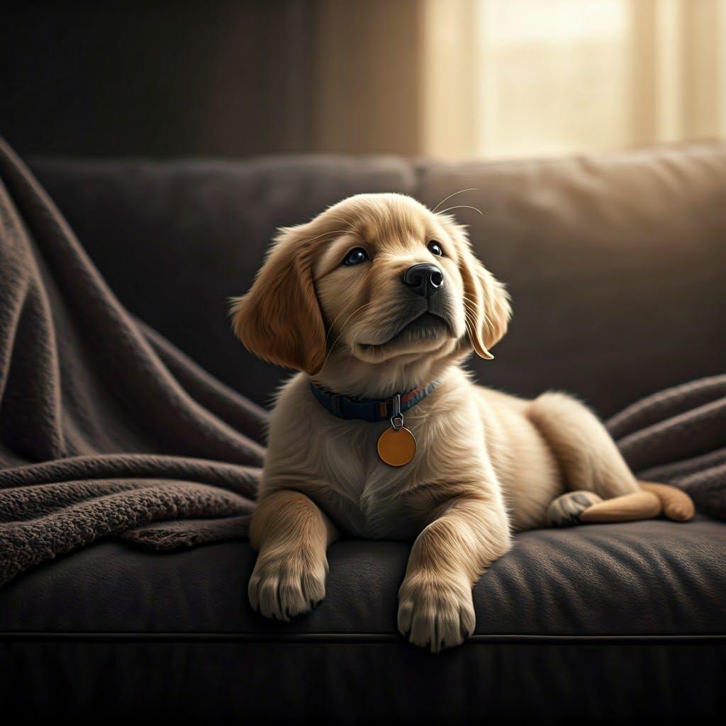 Golden Retriever Puppy Lounging in Cozy Light