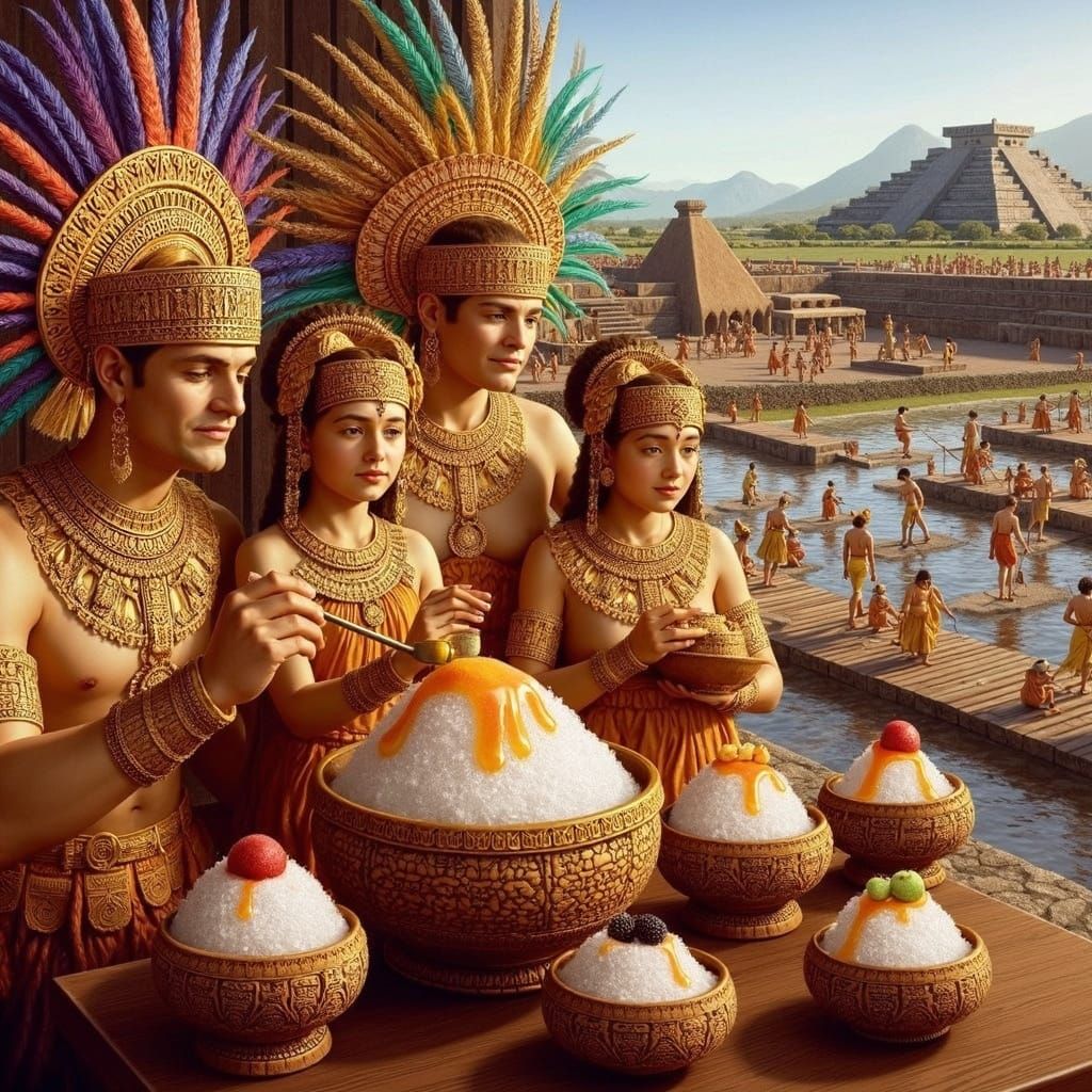 Aztec Nobles Enjoying a Shaved Ice Treat in Tenochtitlán