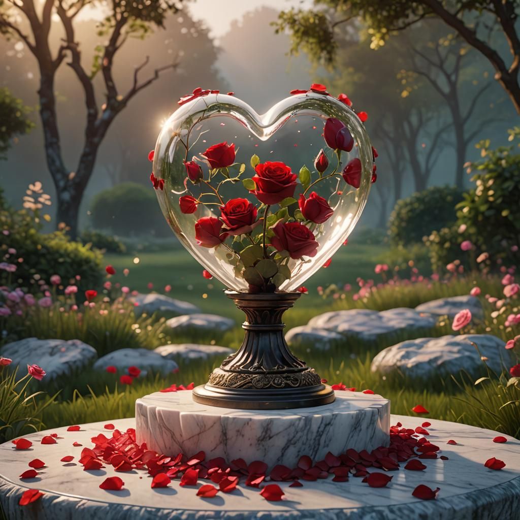 Enchanted Heart Vial with Rose Petals at Dawn