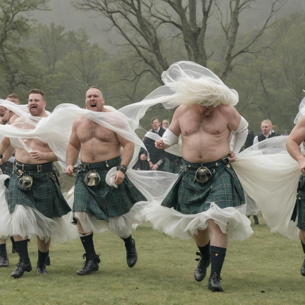 Scottish Men in Tulle Kilts Fluttering in Wind
