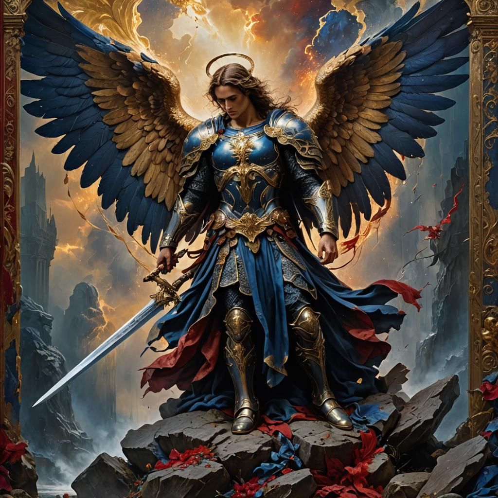 Archangel Michael Protecting Fallen Figure