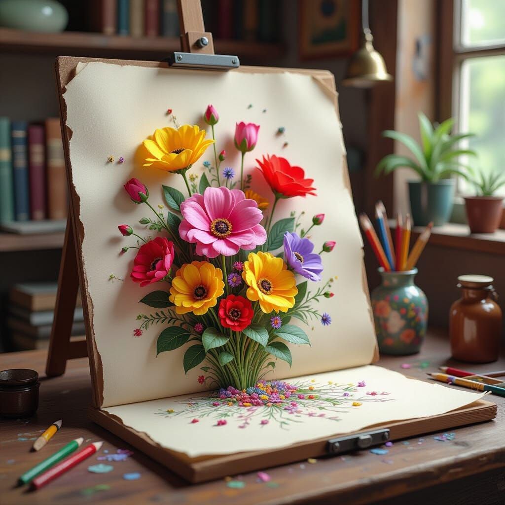 Surreal Flowers Bloom from Pencil Tip in Vintage Workshop