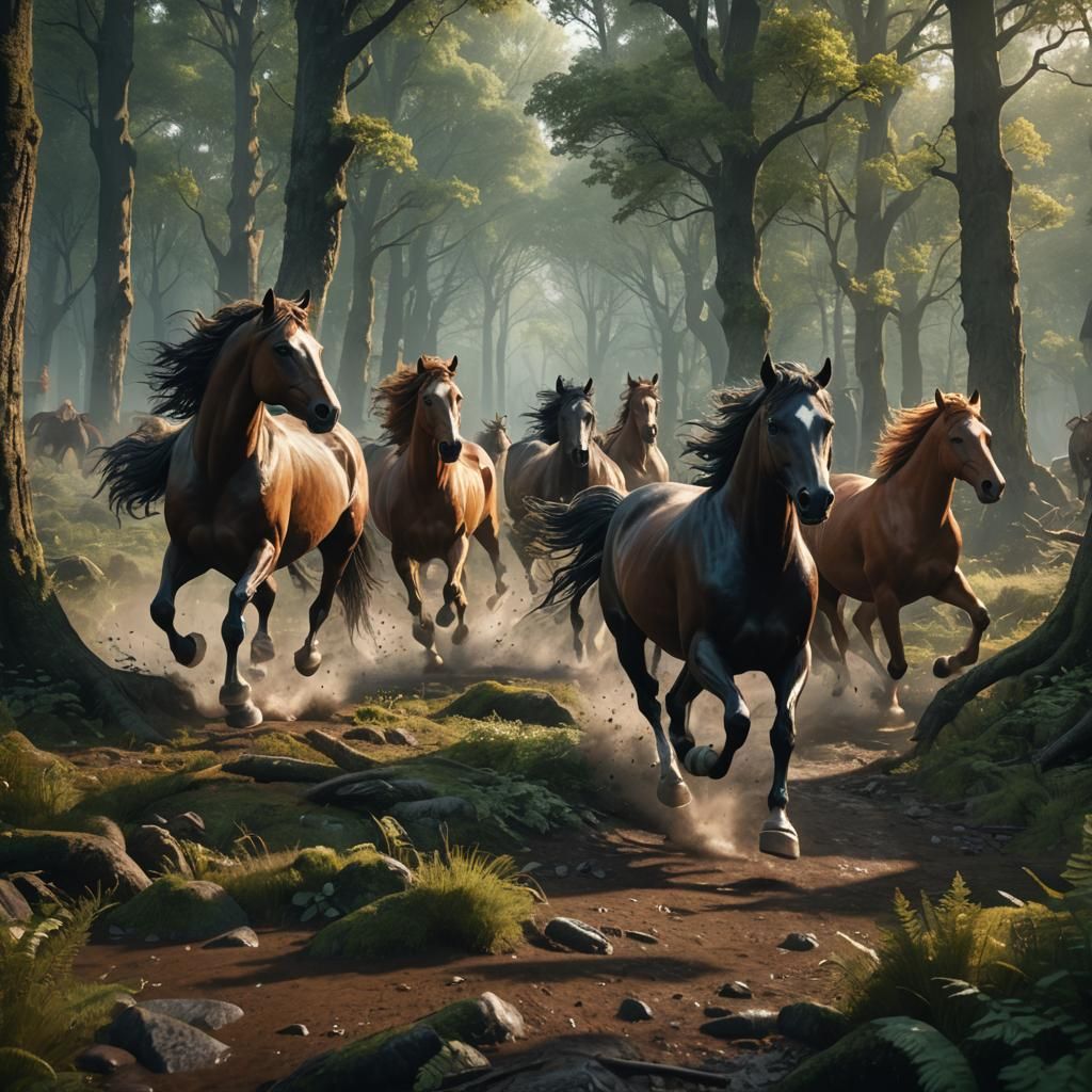 Wild Horses Running Free: A Fantastical Forest Scene