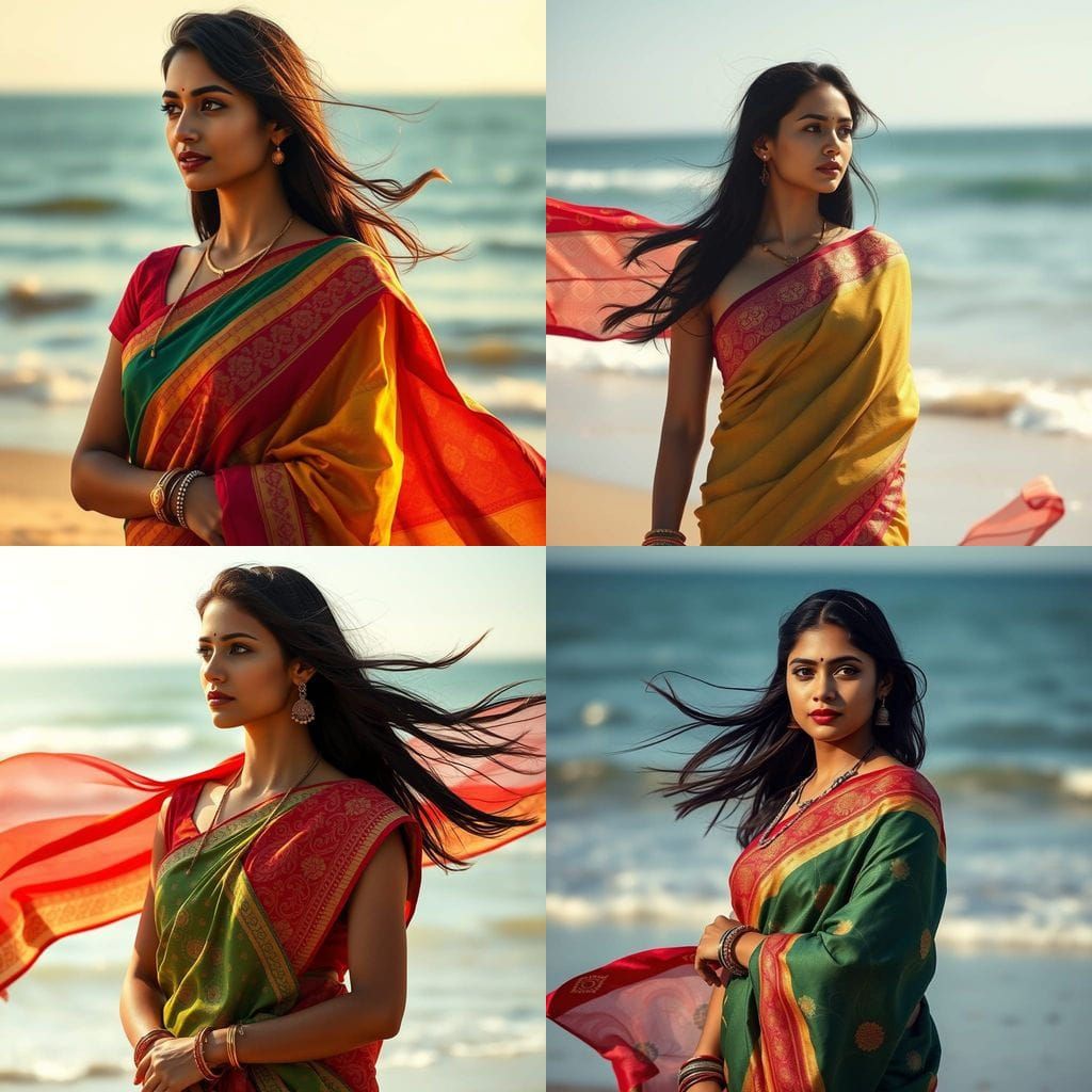 Serene Indian Woman in Colorful Sari on Sunny Beach