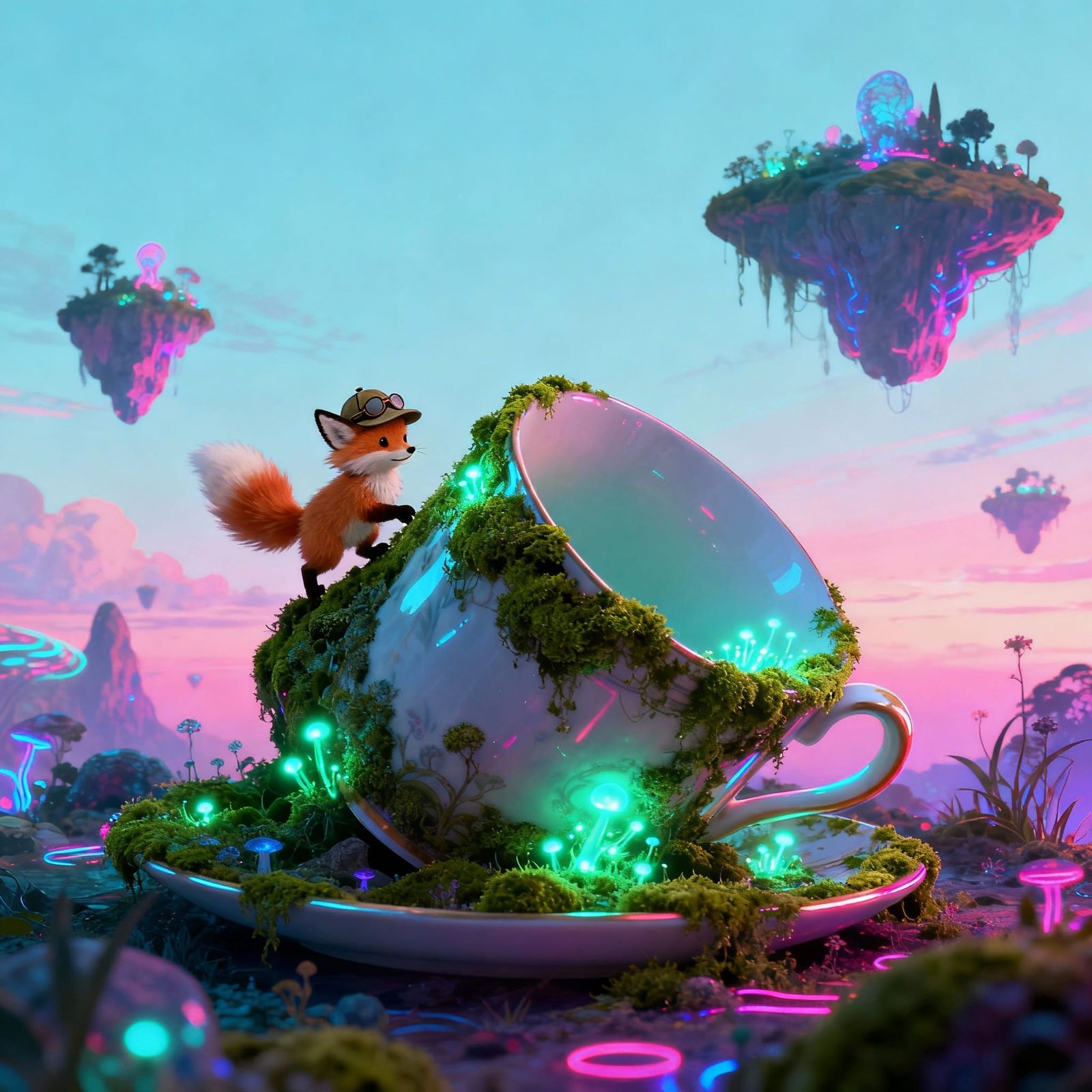 Whimsical Fox Explorer in Giant Teacup, Surreal Dreamscape