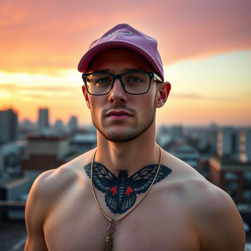 Man on Rooftop at Sunrise in Photorealistic Style