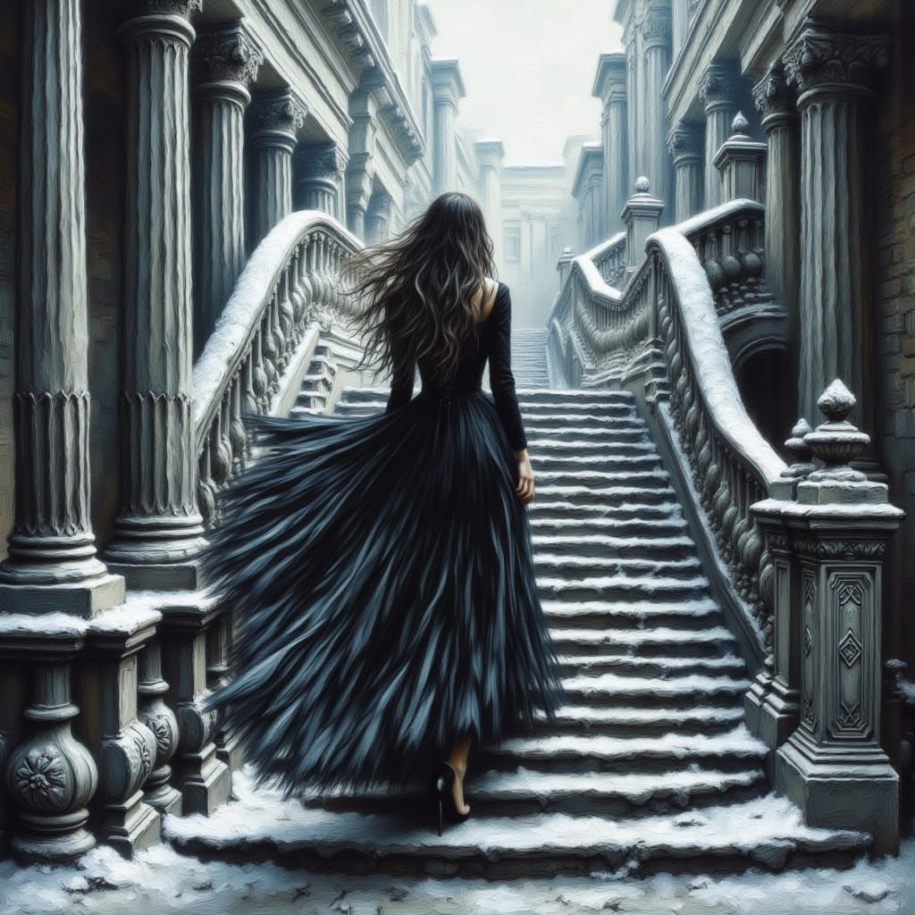 Woman Descends Staircase in Monochromatic Elegance