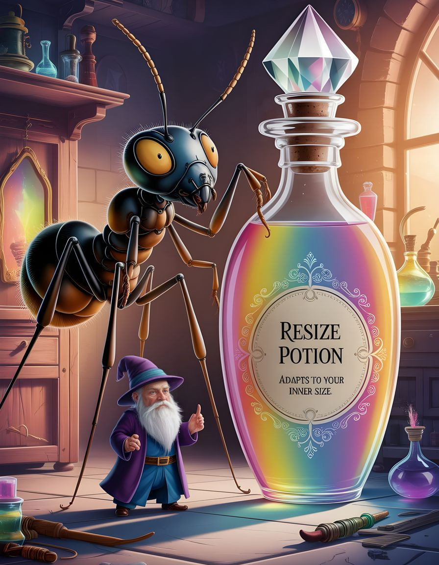 Whimsical Wizard Meets Giant Ant in Fantastical Workshop