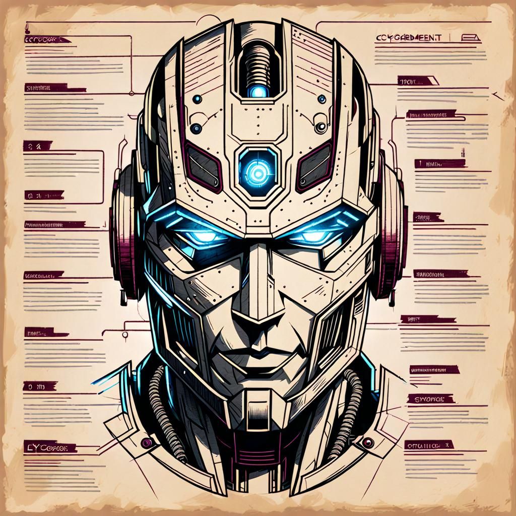 Cyborg Blueprint: Distressed Grunge Charcoal Sketch