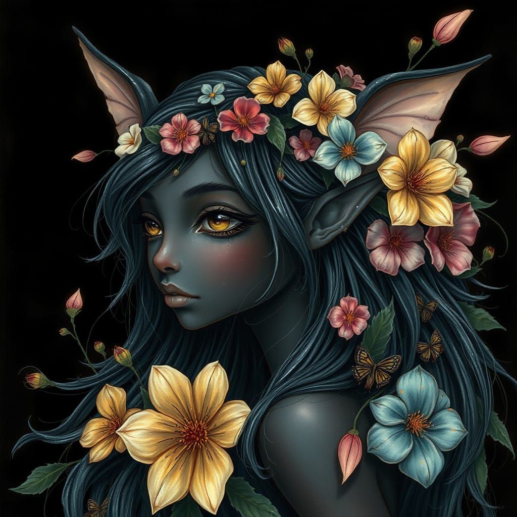 Ethereal Black Fairy in Whimsical Floral Attire