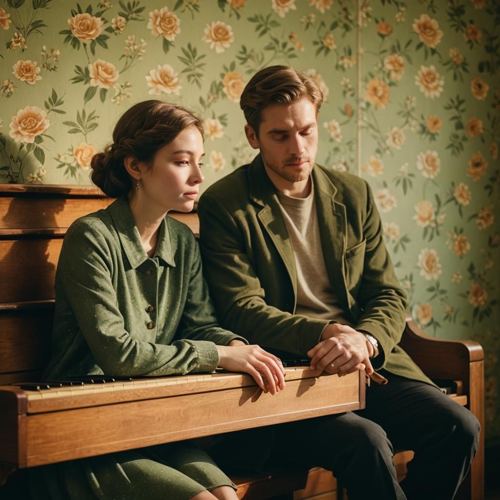 Intimate Portrait: Figures on Piano Bench in Golden Light