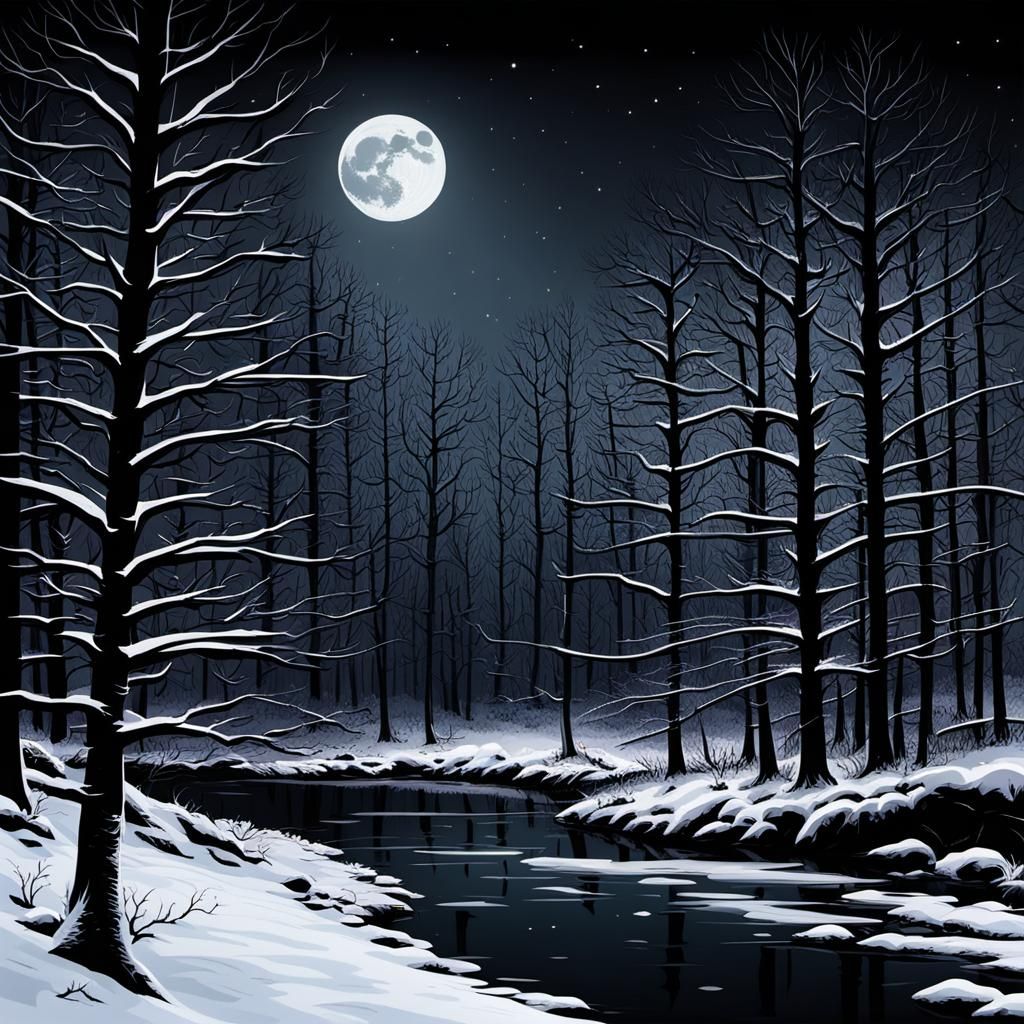 Dark Forest with Bare Trees and Bright Moon