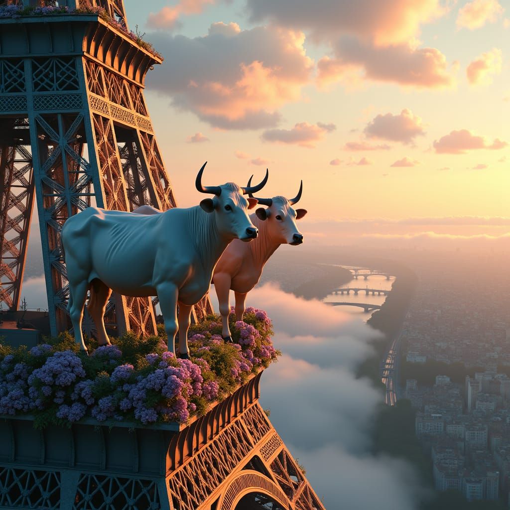 Cows on the Eiffel Tower in Ornate Harnesses