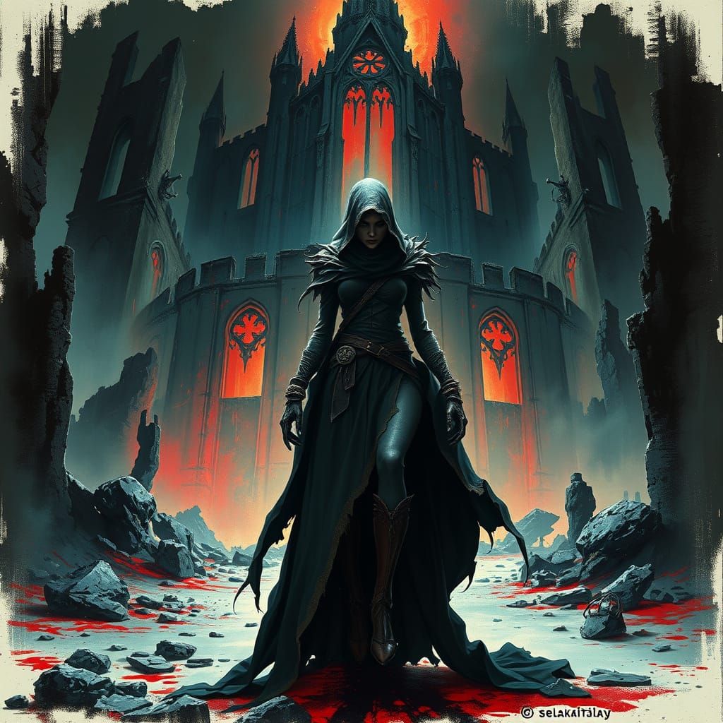 Dark Fantasy Woman Amidst Castle Ruins in Frazetta-Inspired ...