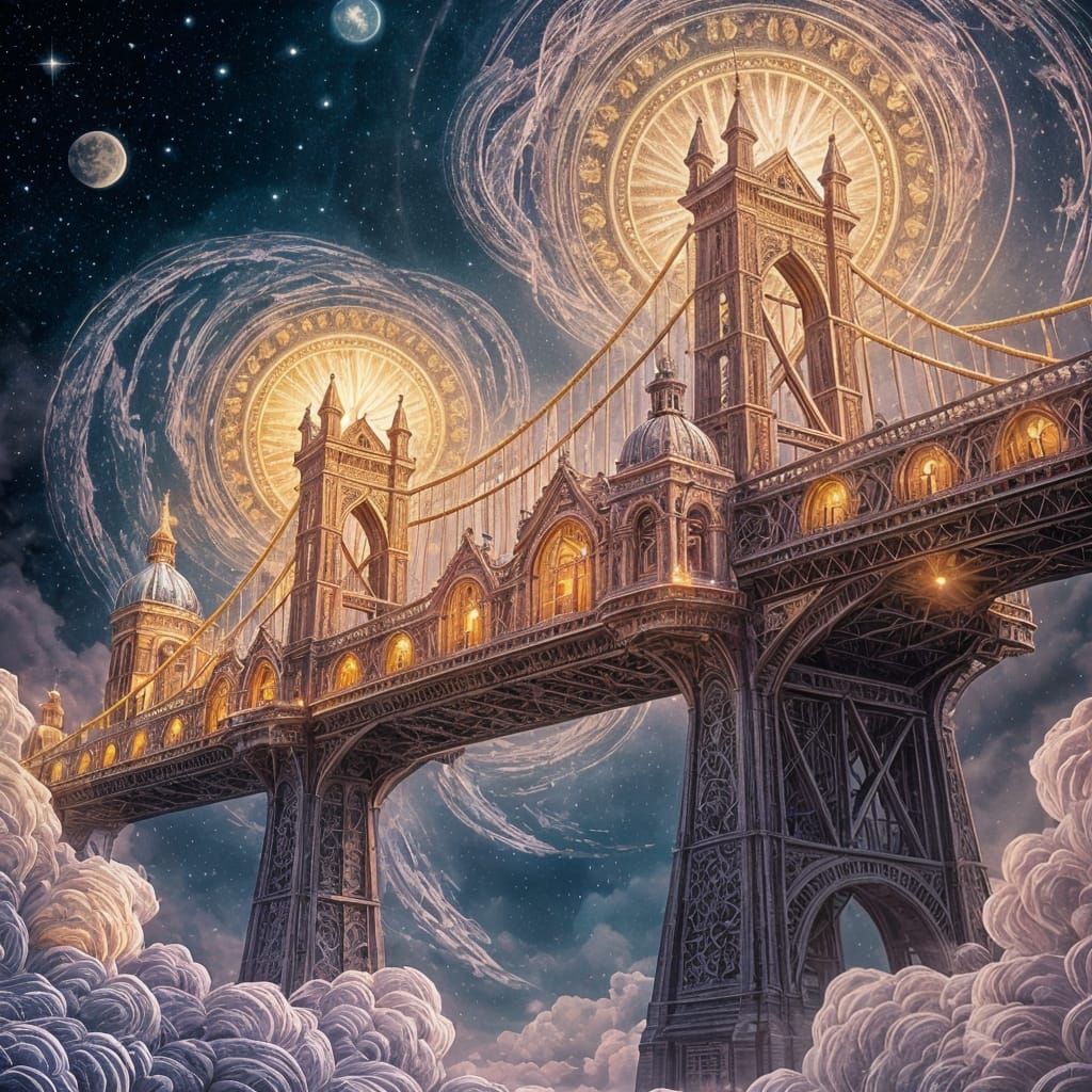 Ethereal Victorian Bridge Amidst Celestial Cities