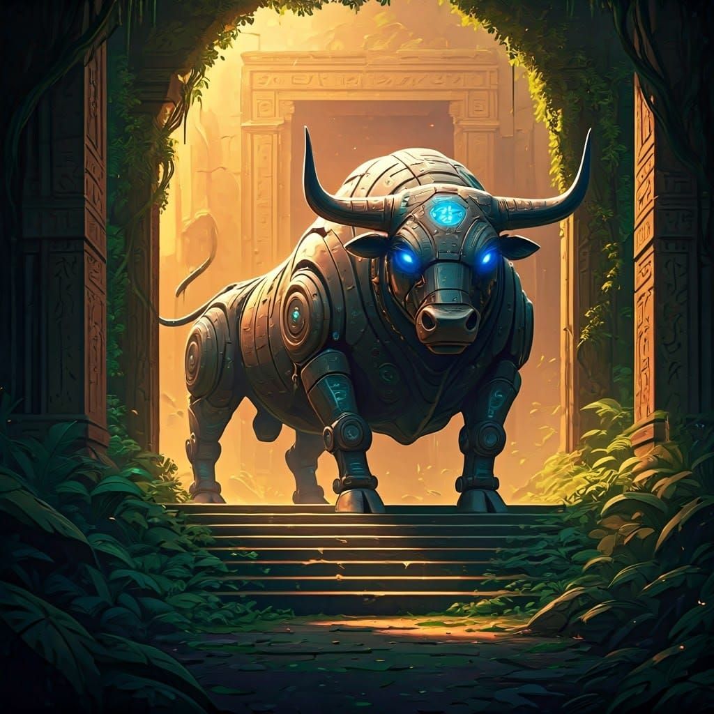 Robot Bull Emerges from Ancient Temple