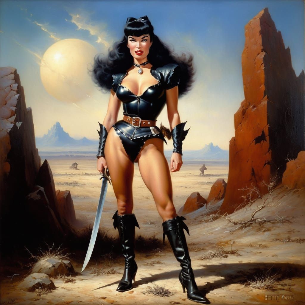 Fierce Female Warrior on Barren Plain as Oil Painting