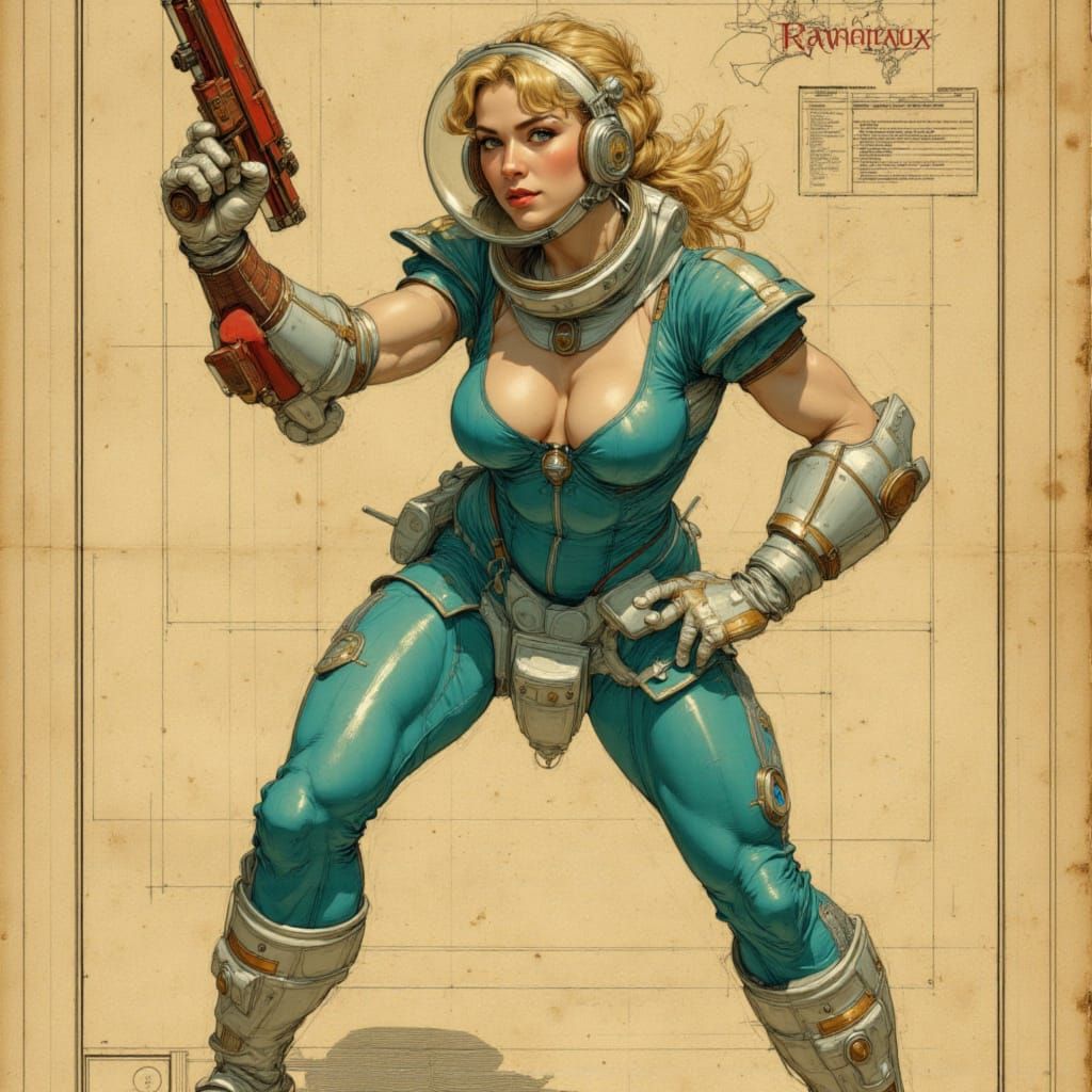 Retro-Futuristic Woman in Teal Space Suit with Ray Gun